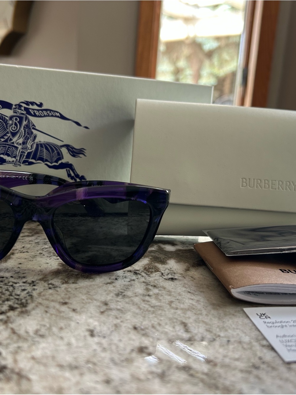 Burberry Glossy Purple Cat Eye Sunglasses with Dark Lenses. Brand New